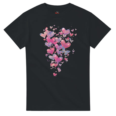 Black t-shirt with colorful heart design on a white background