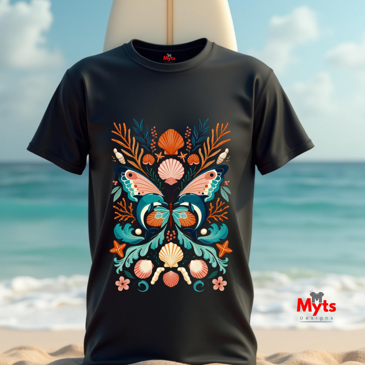 A black short-sleeve t-shirt with a colorful butterfly and seashell graphic, displayed on a surfboard against a beach background.