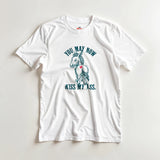 White t-shirt with graphic design and text on a light gray background