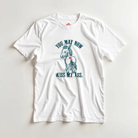 White t-shirt with graphic design and text on a light gray background