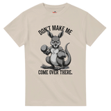  t-shirt with a kangaroo graphic and text on a white background