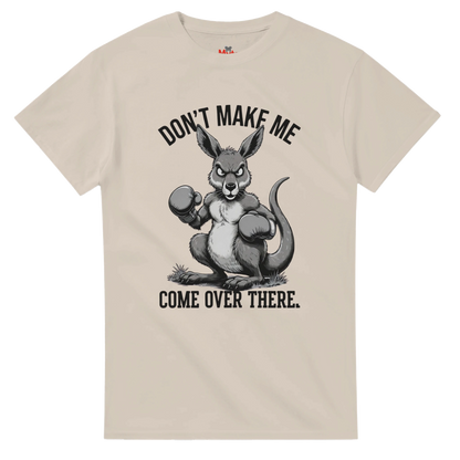  t-shirt with a kangaroo graphic and text on a white background