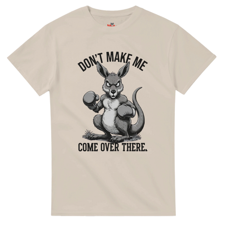 t-shirt with a kangaroo graphic and text on a white background