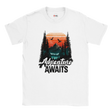 Front view of t-shirt featuring bold “Adventure Awaits” camping design printed on soft cotton tee