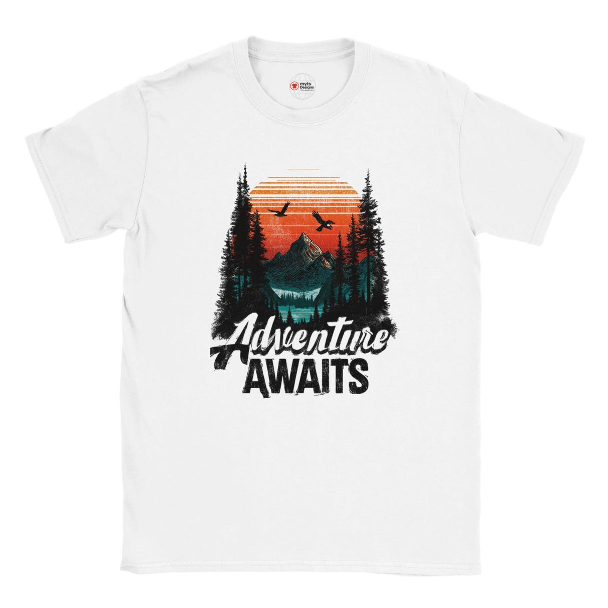 Front view of t-shirt featuring bold “Adventure Awaits” camping design printed on soft cotton tee