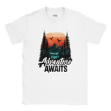 Front view of t-shirt featuring bold “Adventure Awaits” camping design printed on soft cotton tee