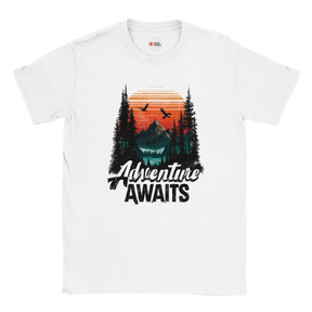 Front view of t-shirt featuring bold “Adventure Awaits” camping design printed on soft cotton tee