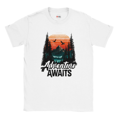 Front view of t-shirt featuring bold “Adventure Awaits” camping design printed on soft cotton tee