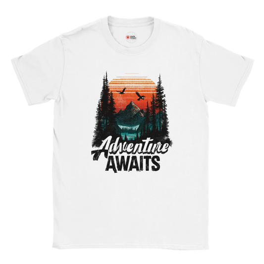 Front view of t-shirt featuring bold “Adventure Awaits” camping design printed on soft cotton tee