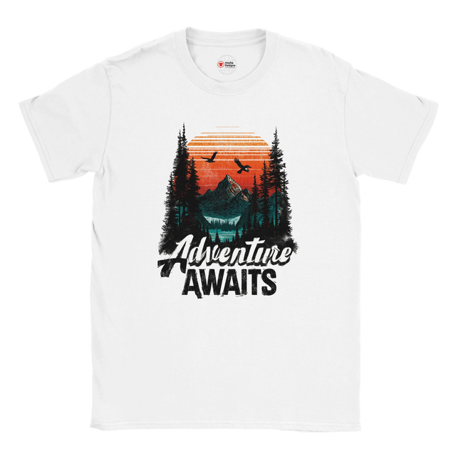 Front view of t-shirt featuring bold “Adventure Awaits” camping design printed on soft cotton tee