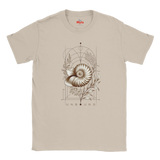 “Front view of a light sand coloured Unbound Nautilus T-shirt with seashell, botanical and geometric artwork.”