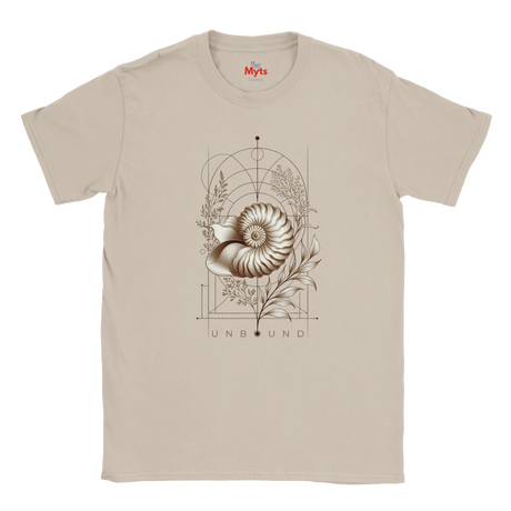 “Front view of a light sand coloured Unbound Nautilus T-shirt with seashell, botanical and geometric artwork.”