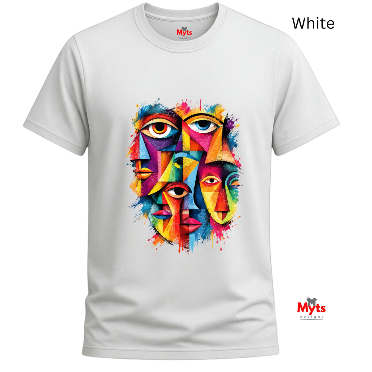 A white short-sleeve crewneck t-shirt featuring a colorful graphic print of stylized faces forming a theatrical mask. The graphic contains a vibrant mix of yellow, blue, red, green, and orange paint splatters.