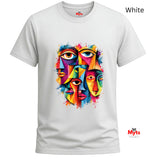 A white short-sleeve crewneck t-shirt featuring a colorful graphic print of stylized faces forming a theatrical mask. The graphic contains a vibrant mix of yellow, blue, red, green, and orange paint splatters.