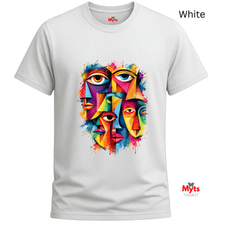 A white short-sleeve crewneck t-shirt featuring a colorful graphic print of stylized faces forming a theatrical mask. The graphic contains a vibrant mix of yellow, blue, red, green, and orange paint splatters.