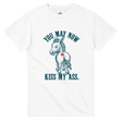 White t-shirt with a graphic of a donkey and text on a white background