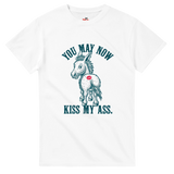 White t-shirt with a graphic of a donkey and text on a white background