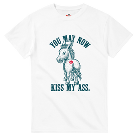 White t-shirt with a graphic of a donkey and text on a white background