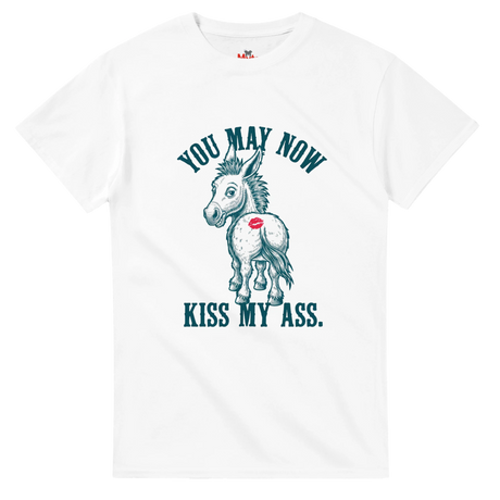 White t-shirt with a graphic of a donkey and text on a white background