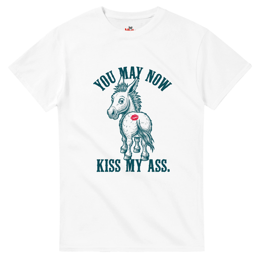 White t-shirt with a graphic of a donkey and text on a white background