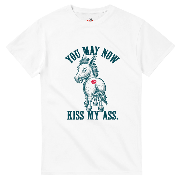 White t-shirt with a graphic of a donkey and text on a white background