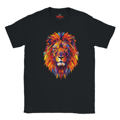 Black t-shirt with a colorful lion graphic on a white background