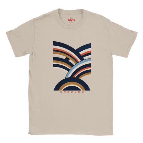 A Natural crewneck T-shirt featuring a retro-style multicolor graphic of stacked arches in navy, tan, orange, and light blue, with the word 'UNBOUND' printed below. The brand name 'Myts' is visible on the inner neck label.