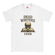 White t-shirt with 'Dead Writers Club' design featuring a skull and open book on a white background.