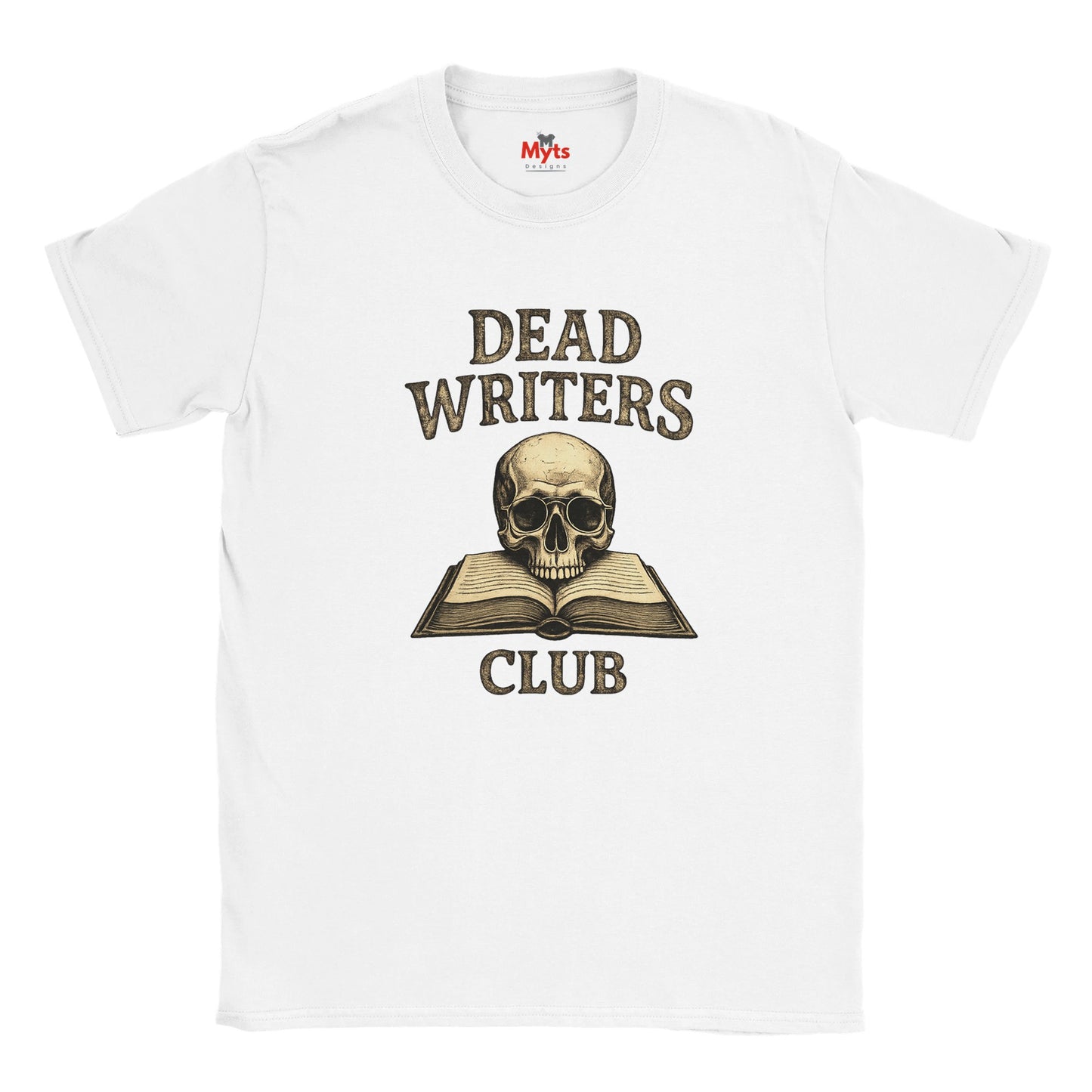 White t-shirt with 'Dead Writers Club' design featuring a skull and open book on a white background.