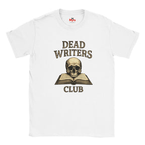 White t-shirt with 'Dead Writers Club' design featuring a skull and open book on a white background.