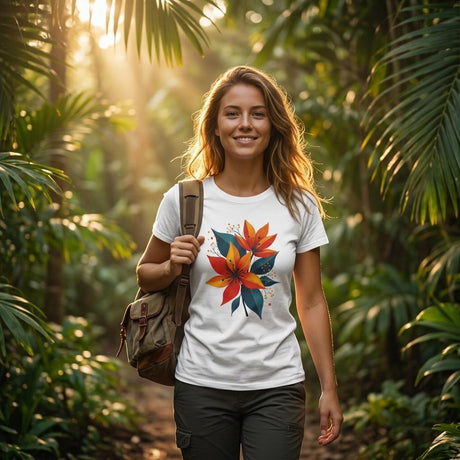 Woman wearing a white lily flower T-shirt featuring vibrant orange, red and golden yellow flowers with deep blue-green leaves and botanical details.