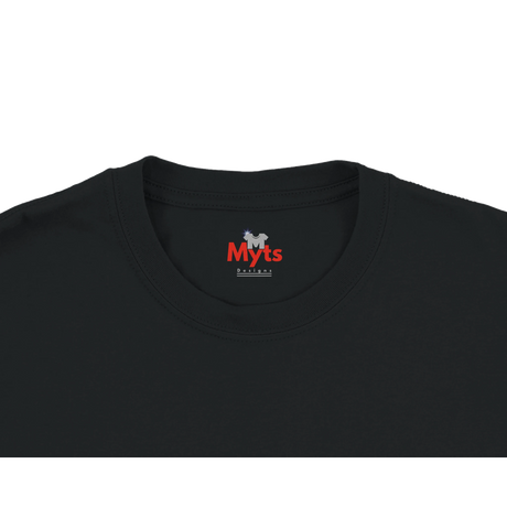 Close-up of a black crewneck t-shirt showing the inner neck label with the red and white 'Myts' brand logo.
