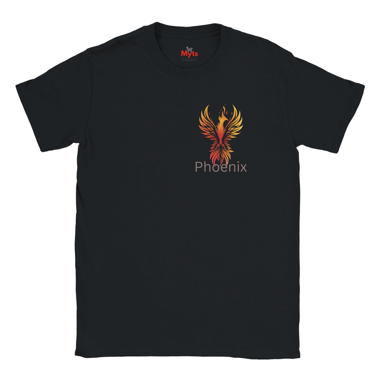 Black t-shirt with a colorful phoenix design and 'Myts' branding on a white background