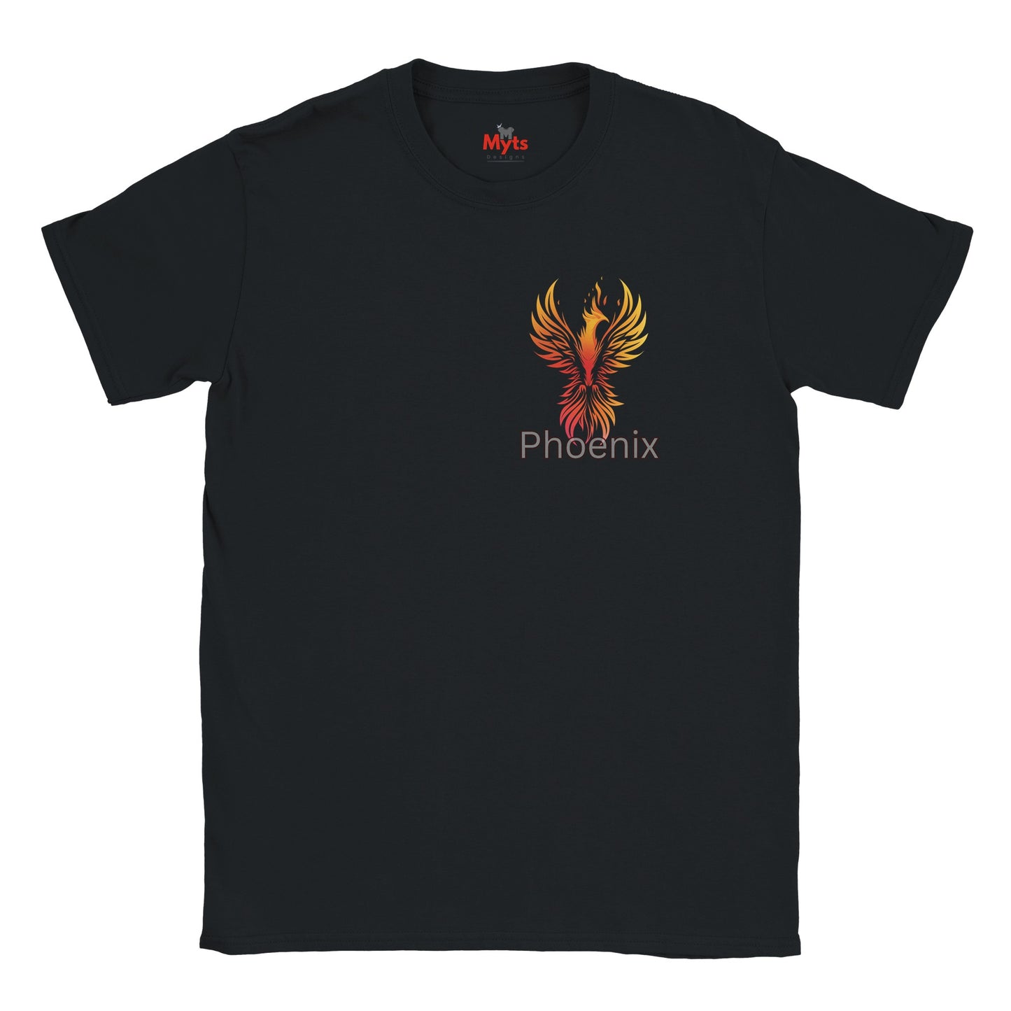 Black t-shirt with a colorful phoenix design and 'Myts' branding on a white background