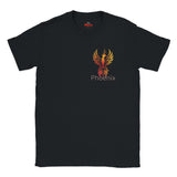 Black t-shirt with a colorful phoenix design and 'Myts' branding on a white background
