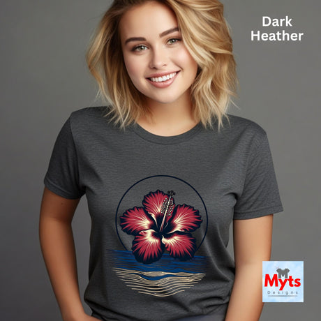 Dark Heather tropical hibiscus flower graphic T-shirt featuring a vibrant red bloom, navy circular outline and stylised blue and sandy-gold ocean waves.