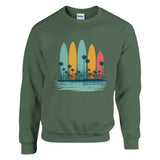 Green sweatshirt with colorful surfboard design on a white background