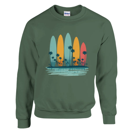 Green sweatshirt with colorful surfboard design on a white background