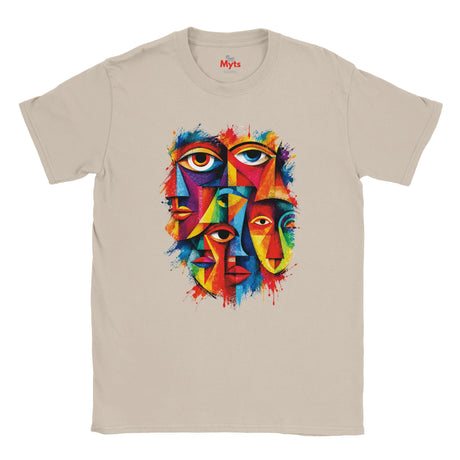 A beige crewneck t-shirt featuring a colorful graphic print of stylized faces with eyes, designed in a geometric, cubist style with vibrant paint splatters. The brand name 'Myts' is printed inside the collar.
