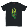 Black t-shirt with a green witch graphic on a white background