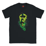 Black t-shirt with a green witch graphic on a white background