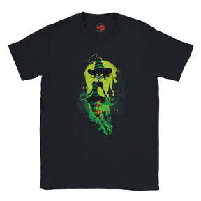 Black t-shirt with a green witch graphic on a white background