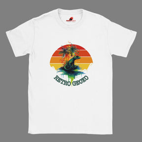 Retro gecko t-shirt with vintage sunset design and tropical lizard graphic on white cotton tee