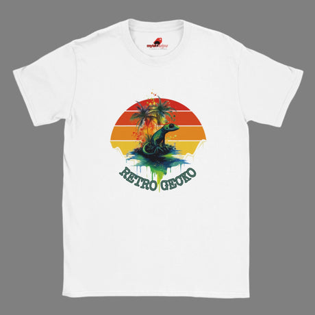 Retro gecko t-shirt with vintage sunset design and tropical lizard graphic on white cotton tee