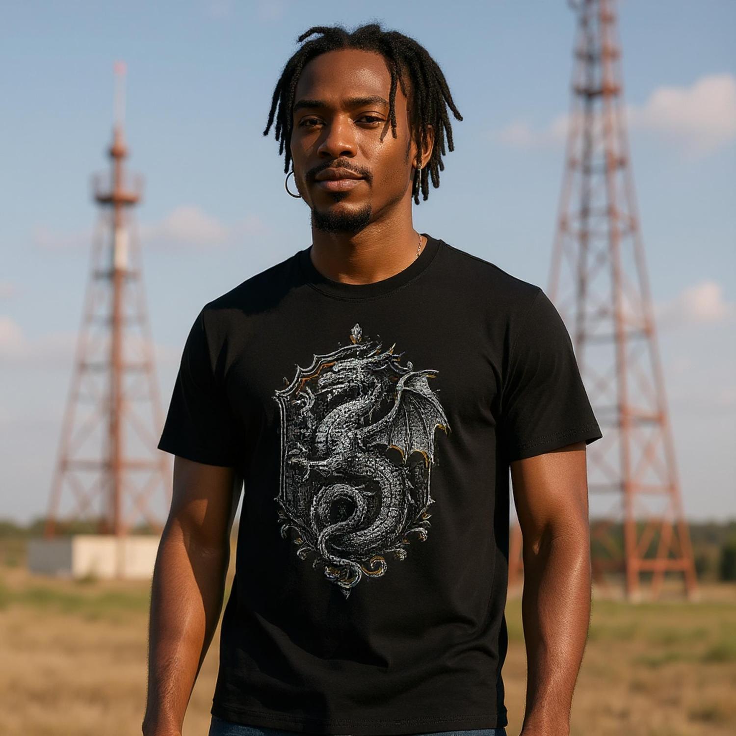 Man wearing a black t-shirt with a dragon design outdoors