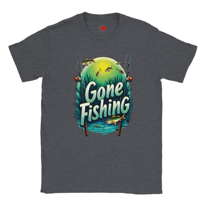 Dark Heather t-shirt with 'Gone Fishing' graphic design on a white background
