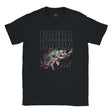 Black t-shirt with a fish graphic and 'Barra Baron' text on a white background