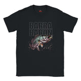 Black t-shirt with a fish graphic and 'Barra Baron' text on a white background