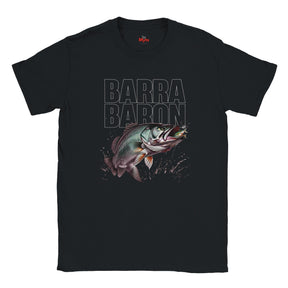 Black t-shirt with a fish graphic and 'Barra Baron' text on a white background