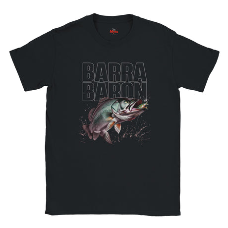 Black t-shirt with a fish graphic and 'Barra Baron' text on a white background